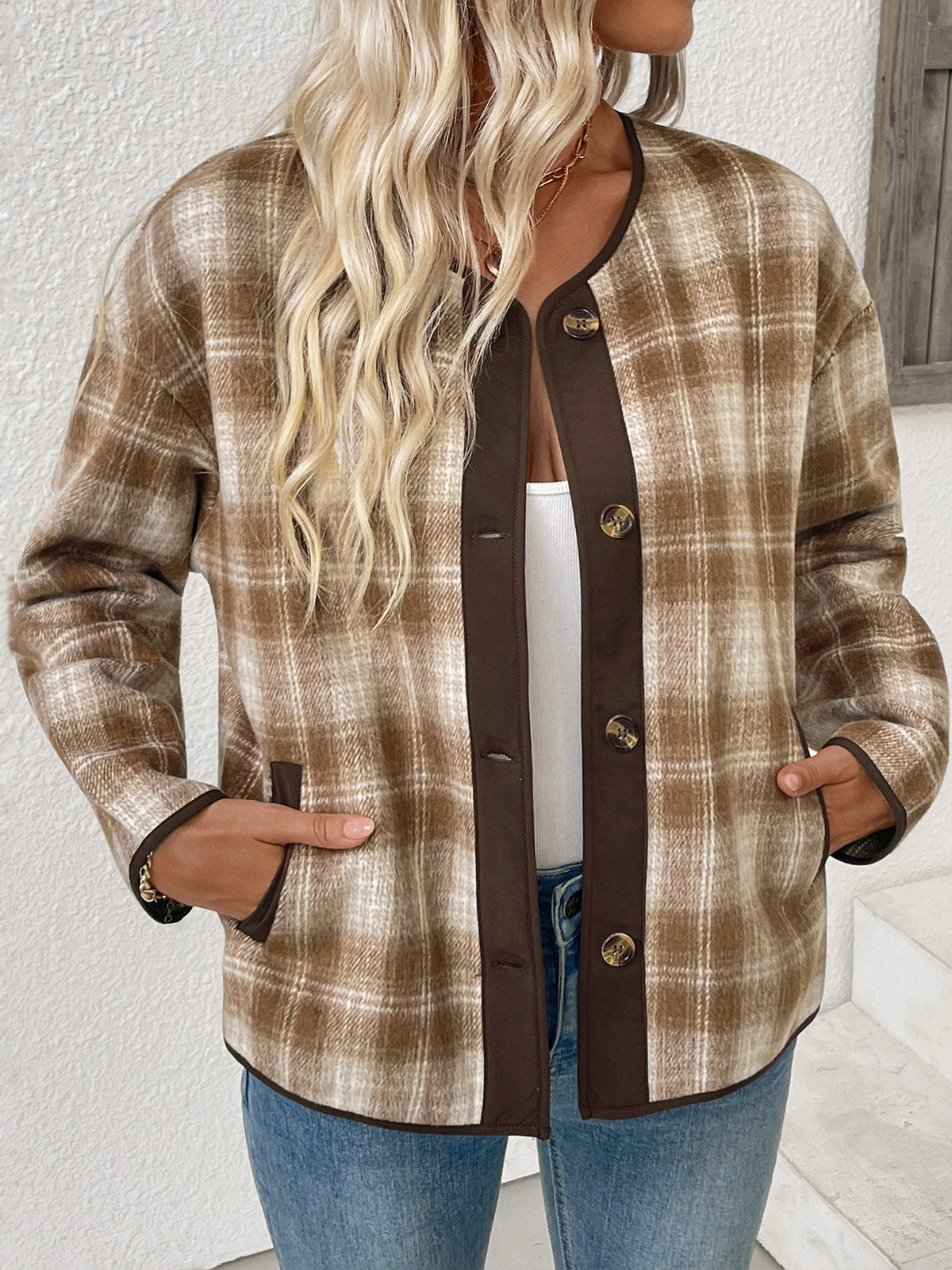 Collarless Plaid Jacket with Contrast Trim and Button Front
