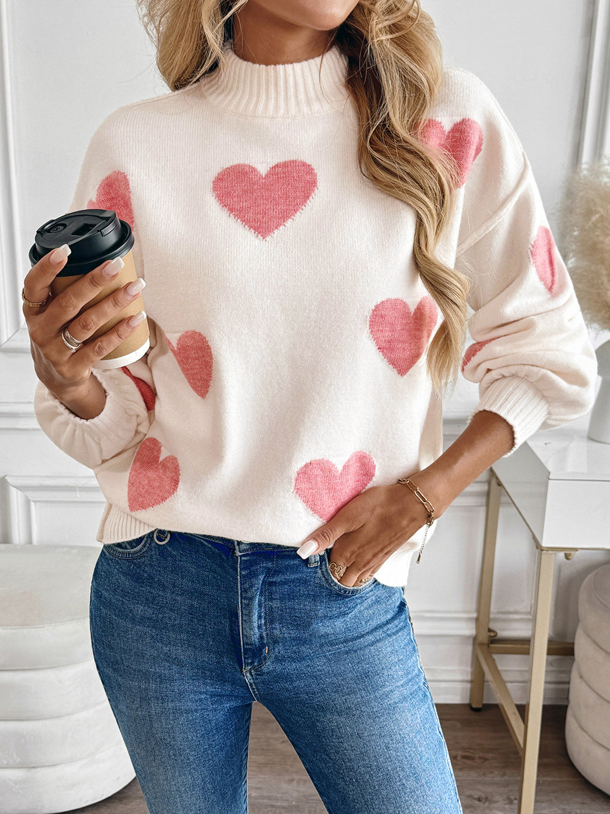 Mock Neck Heart Sweater with Lantern Sleeves