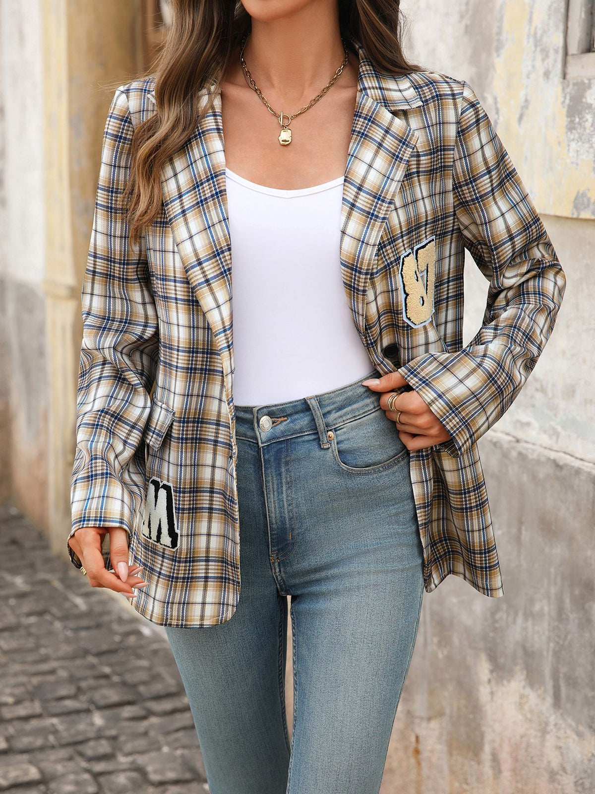 Plaid Blazer with Chenille Letter Patches and Flap Pockets