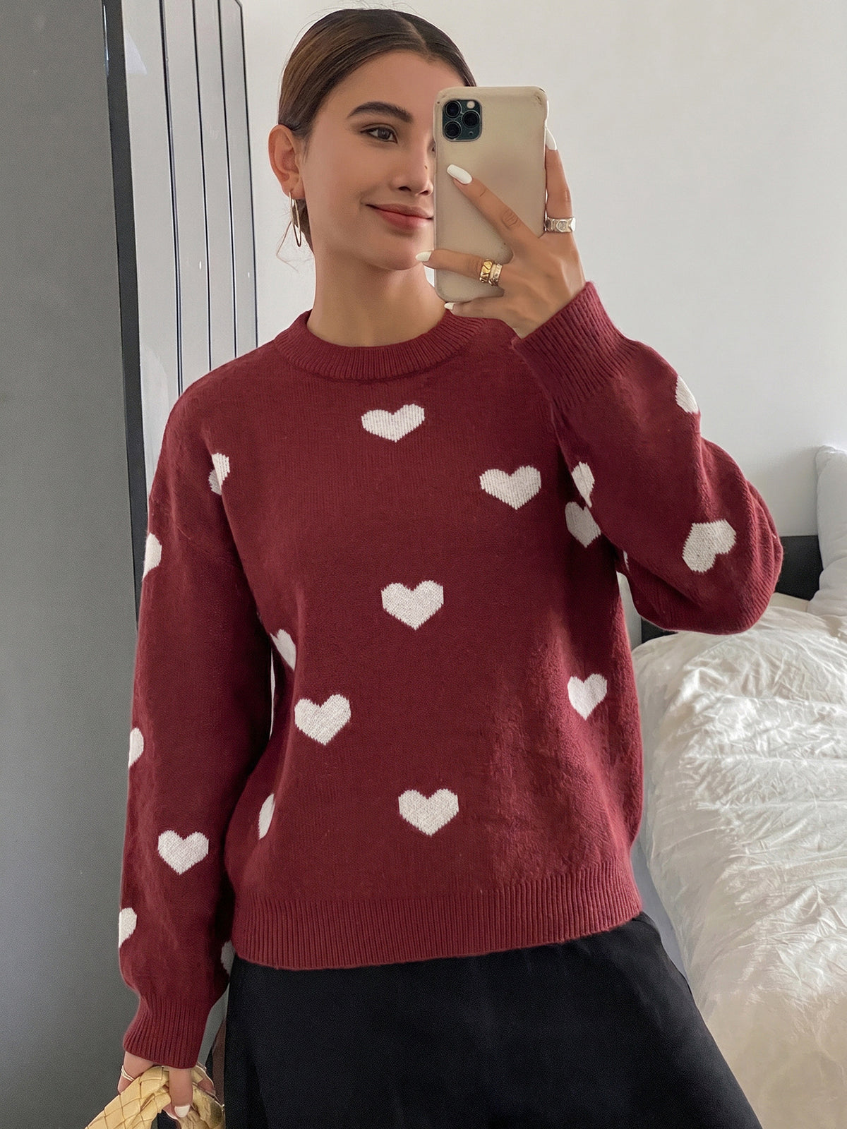 Heart Print Crew Neck Sweater
