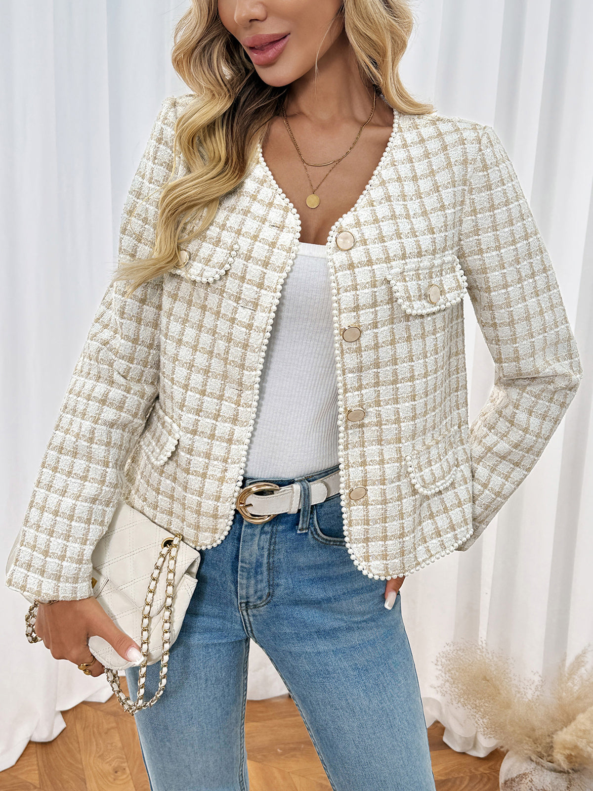 Cropped Plaid Tweed Jacket with Pearl Trim
