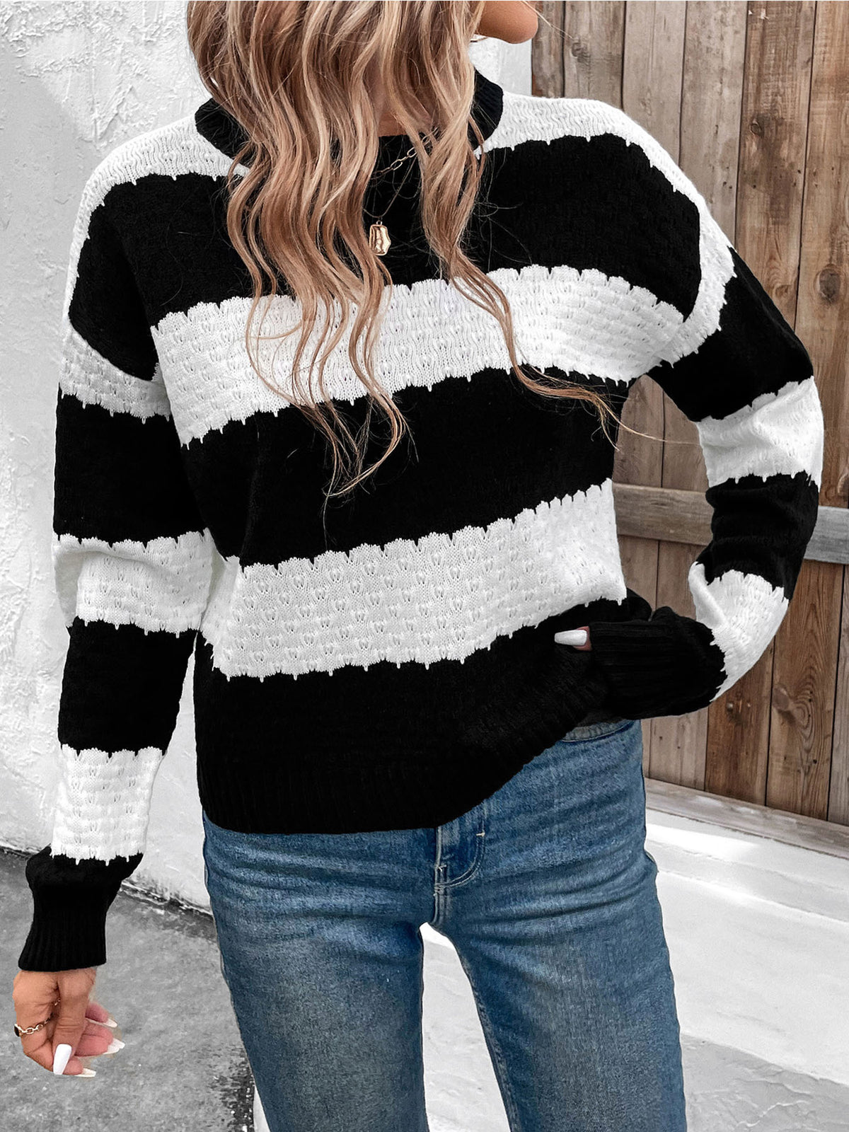 Striped Sweater with Textured Knit Bands
