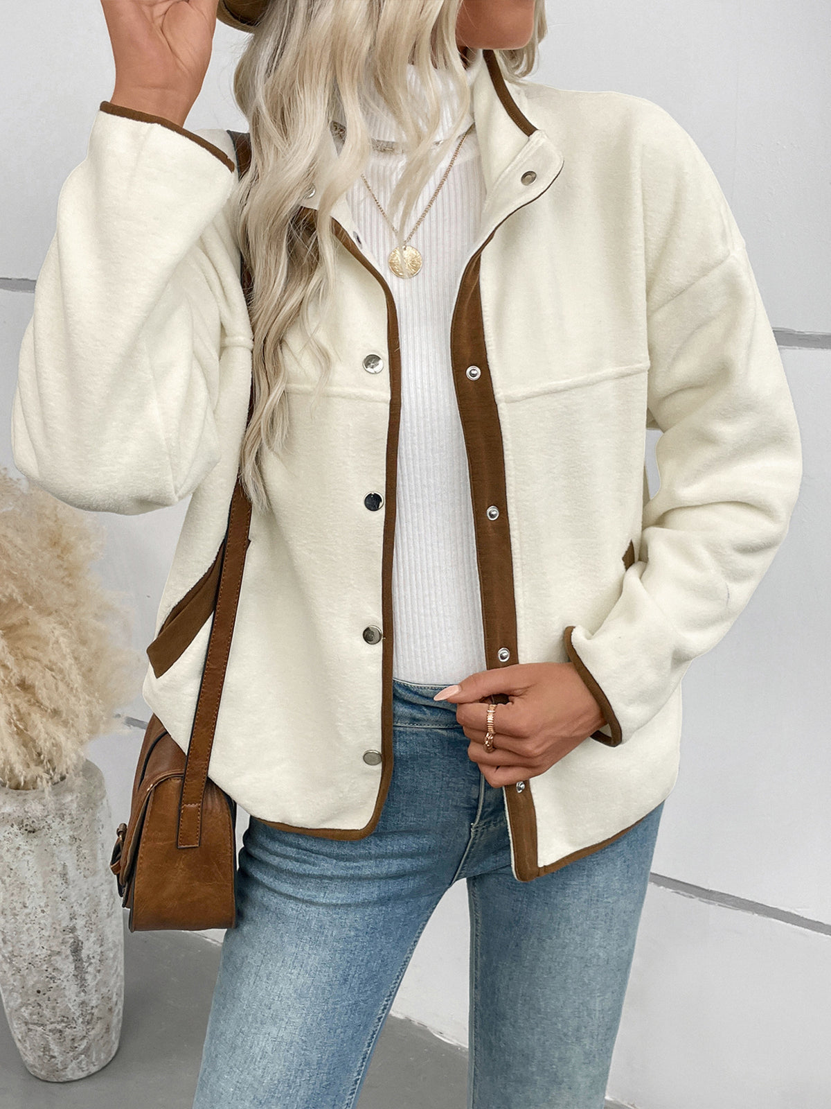 Stand Collar Fleece Jacket with Snap Buttons