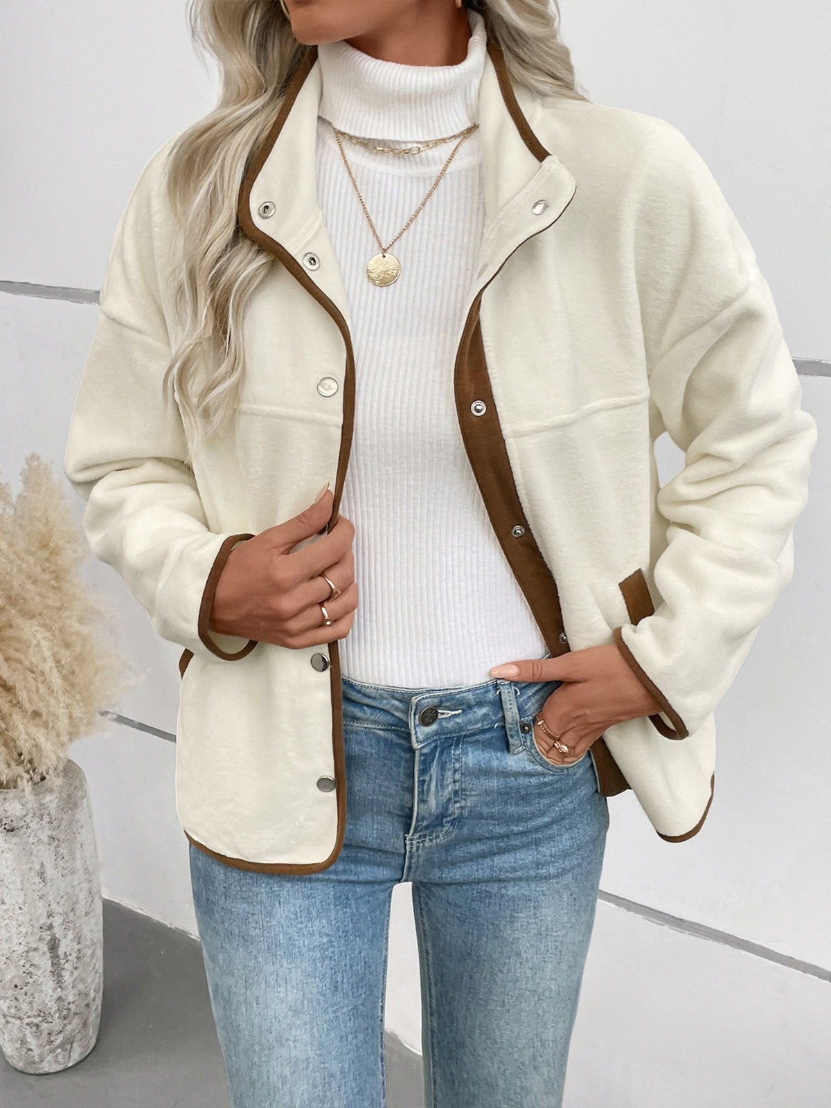 Stand Collar Fleece Jacket with Snap Buttons