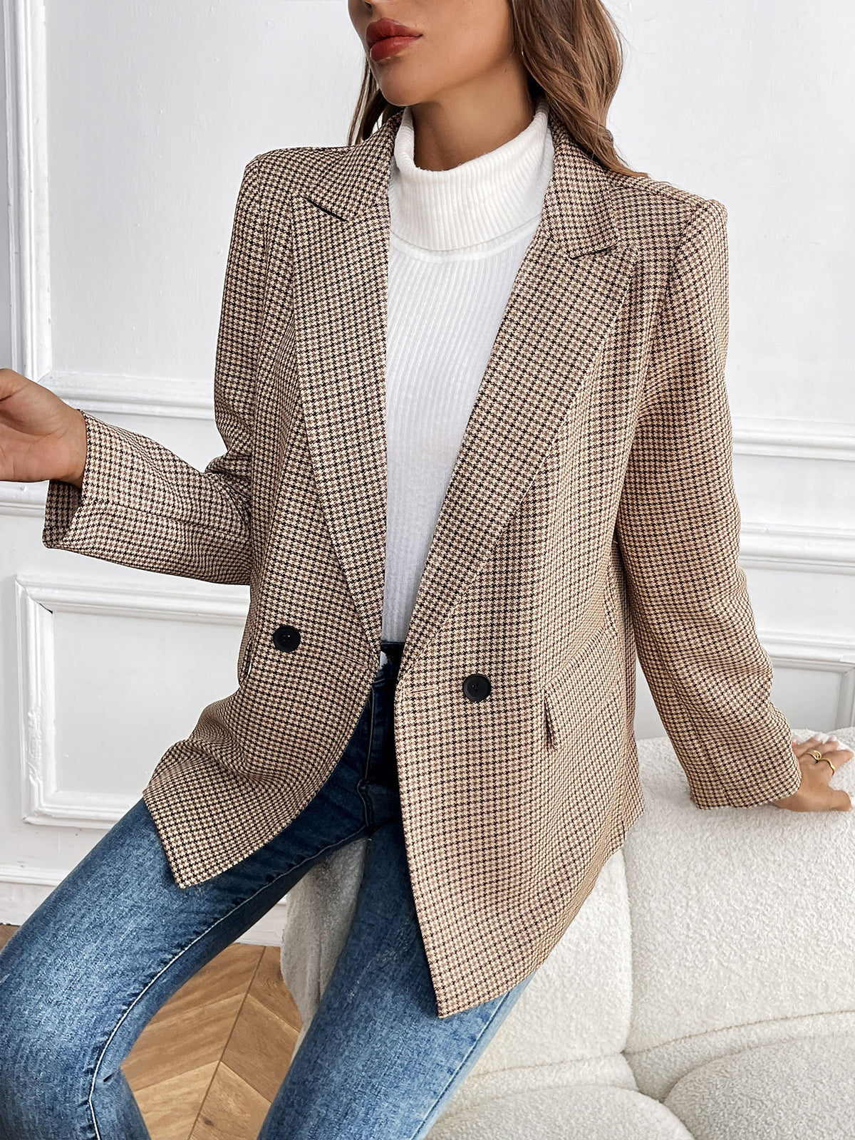 Houndstooth Blazer with Notch Lapel, Double Breasted Buttons and Flap Pockets