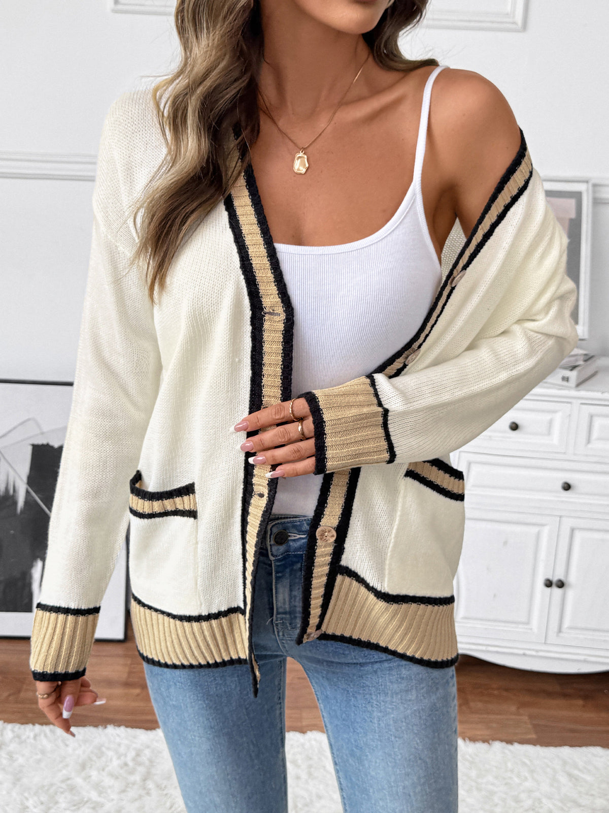V Neck Cardigan Sweater with Contrast Trim and Pockets
