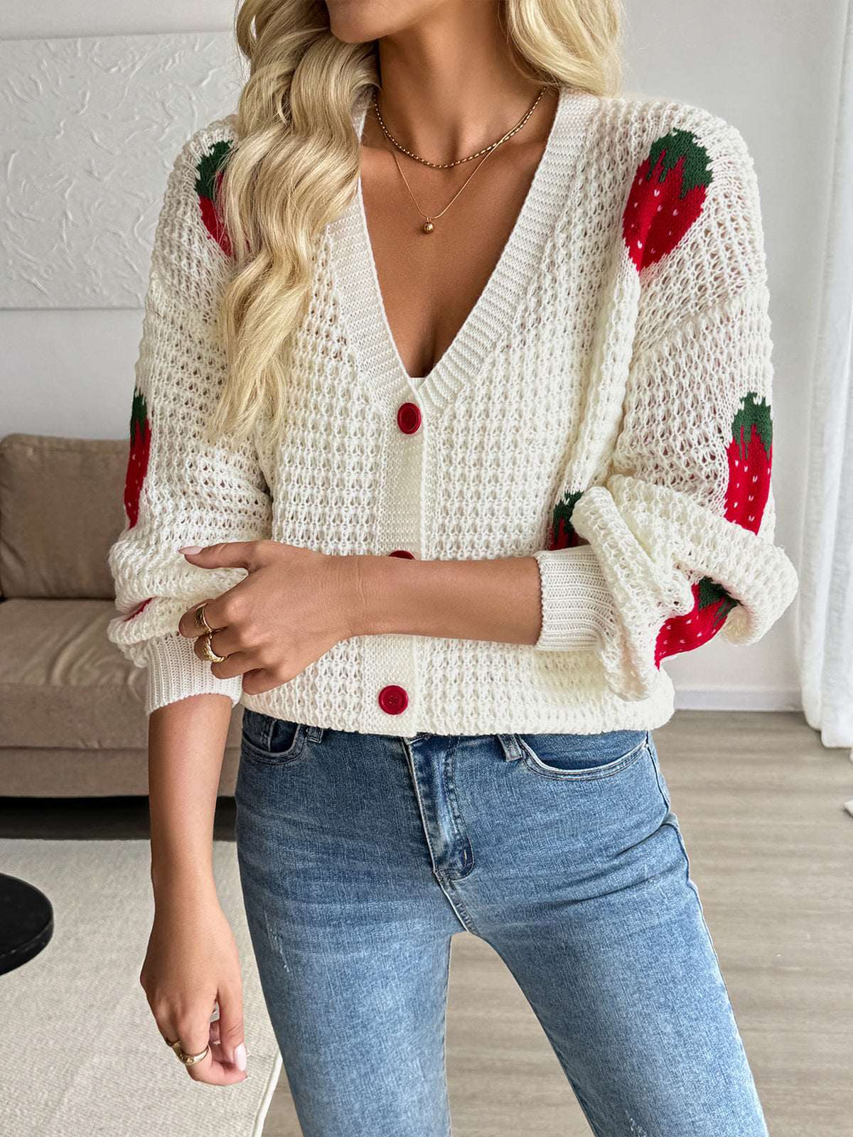 Strawberry Cardigan with Red Buttons
