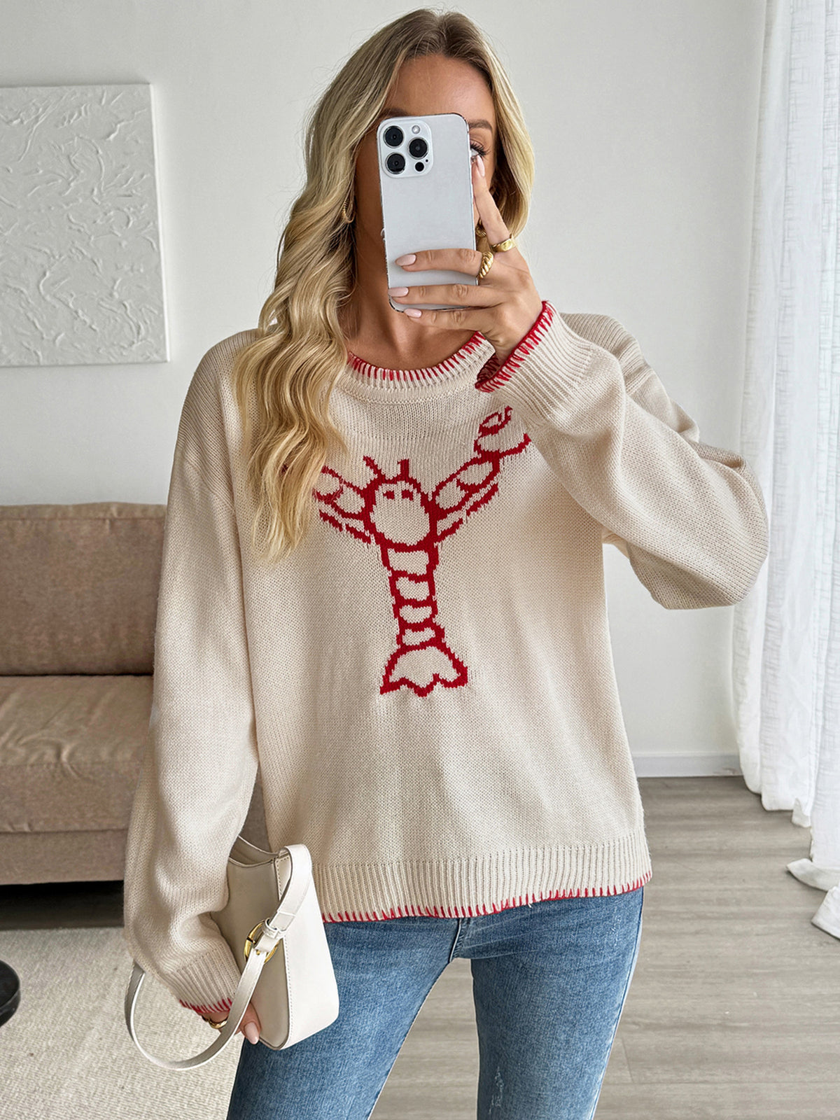Lobster Sweater with Red Stitch Trim