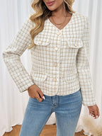 Cropped Plaid Tweed Jacket with Pearl Trim