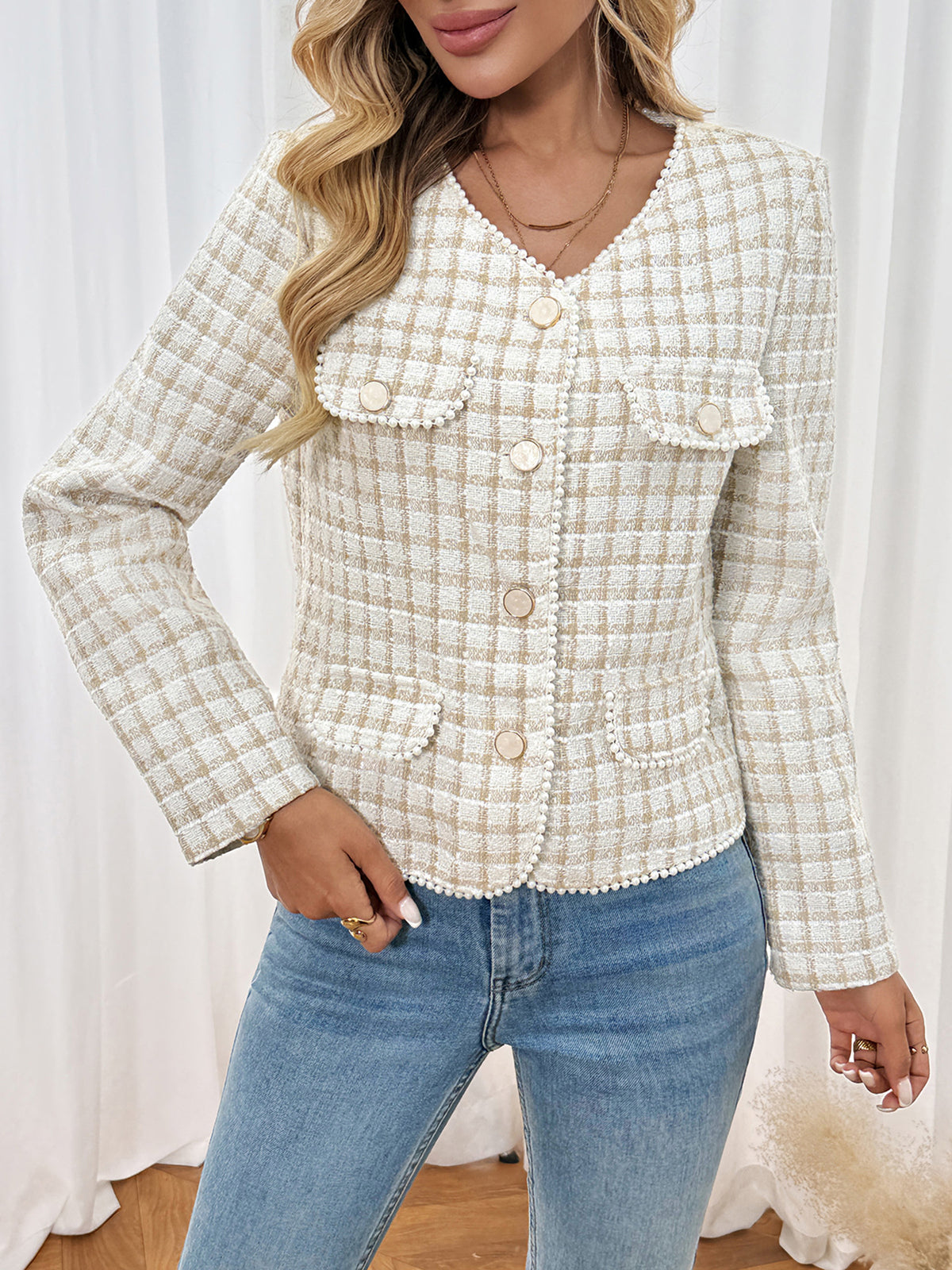 Cropped Plaid Tweed Jacket with Pearl Trim