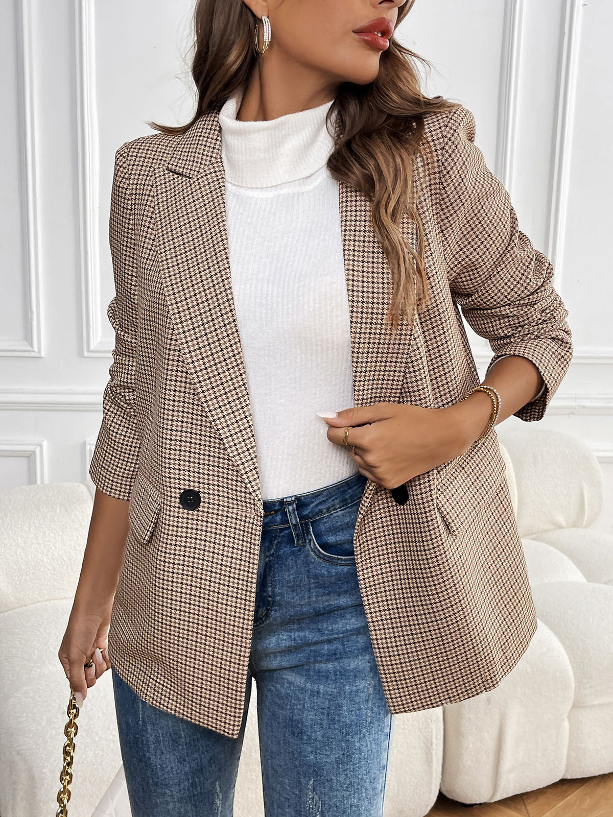 Houndstooth Blazer with Notch Lapel, Double Breasted Buttons and Flap Pockets