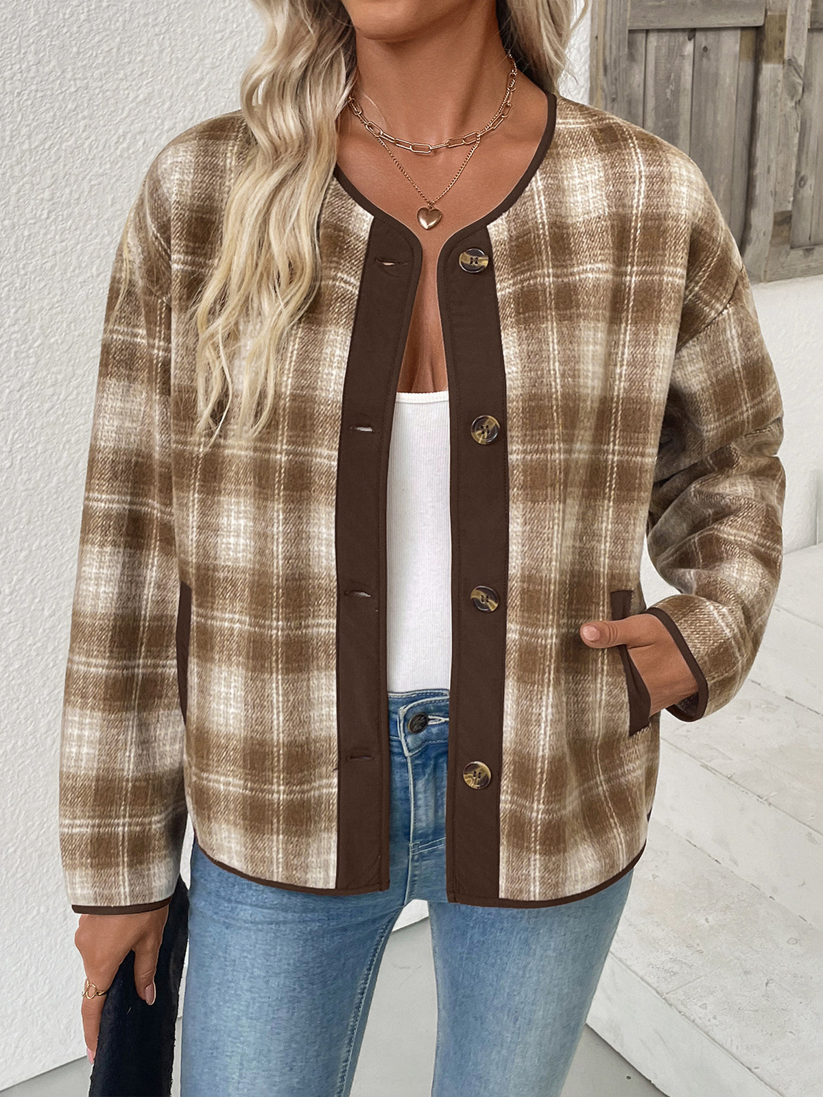 Collarless Plaid Jacket with Contrast Trim and Button Front