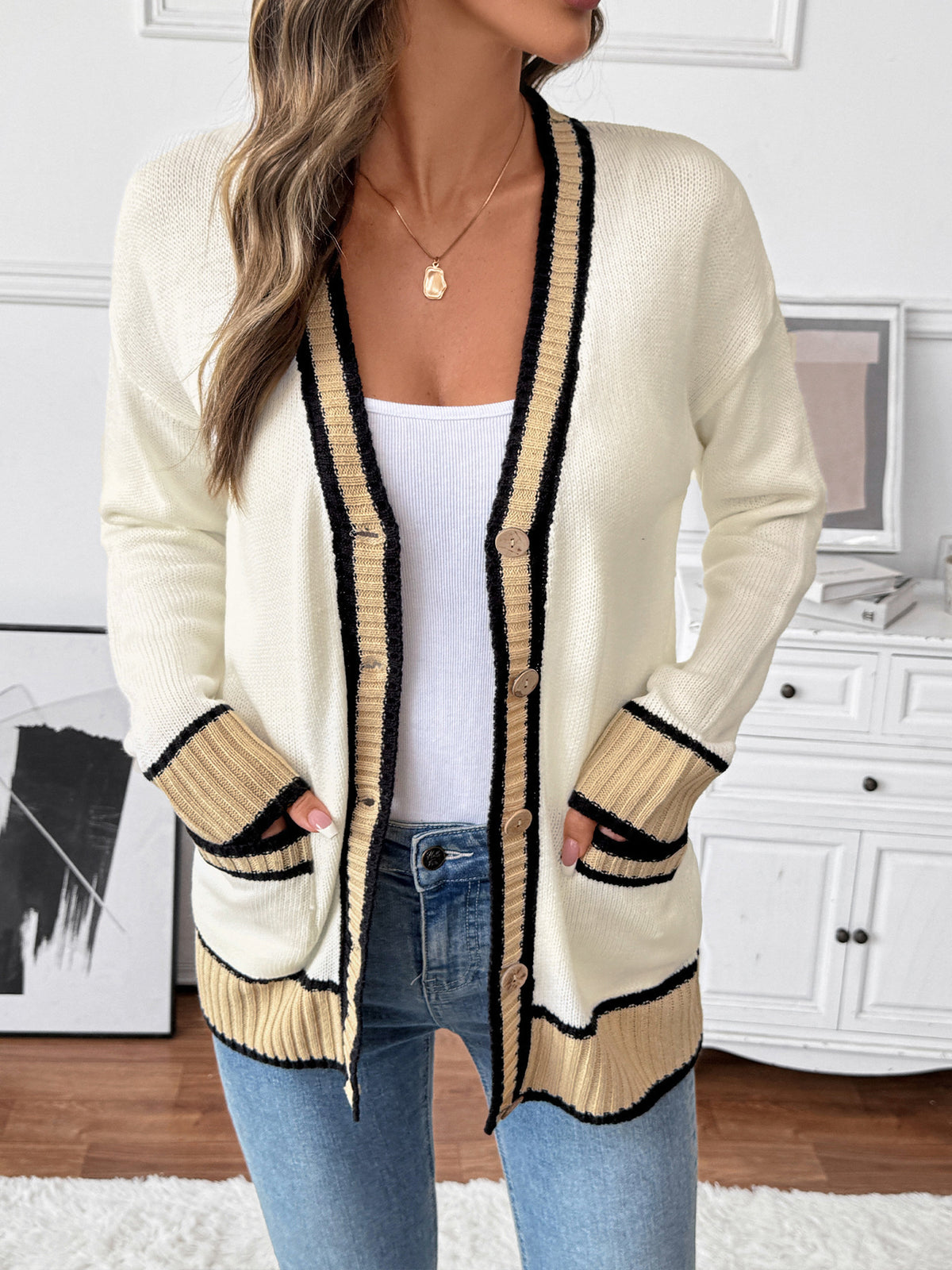 V Neck Cardigan with Contrast Trim and Pockets