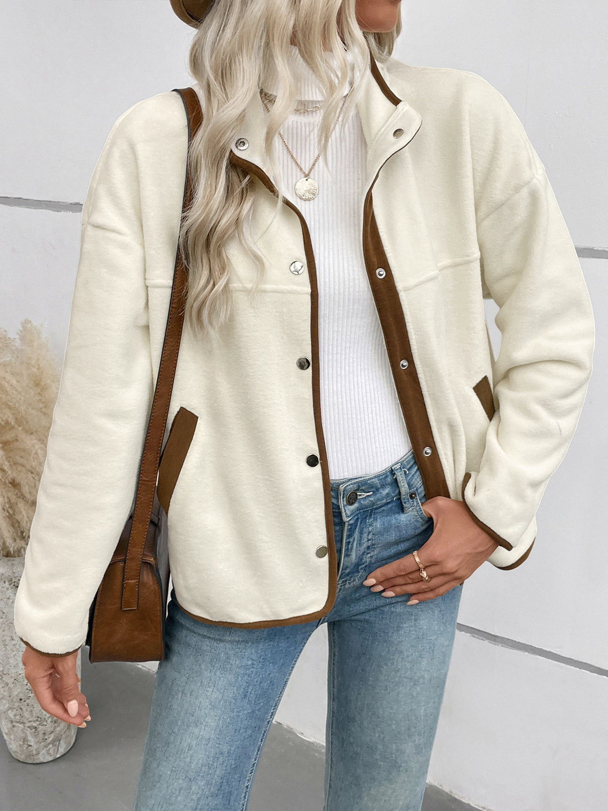 Stand Collar Fleece Jacket with Snap Buttons