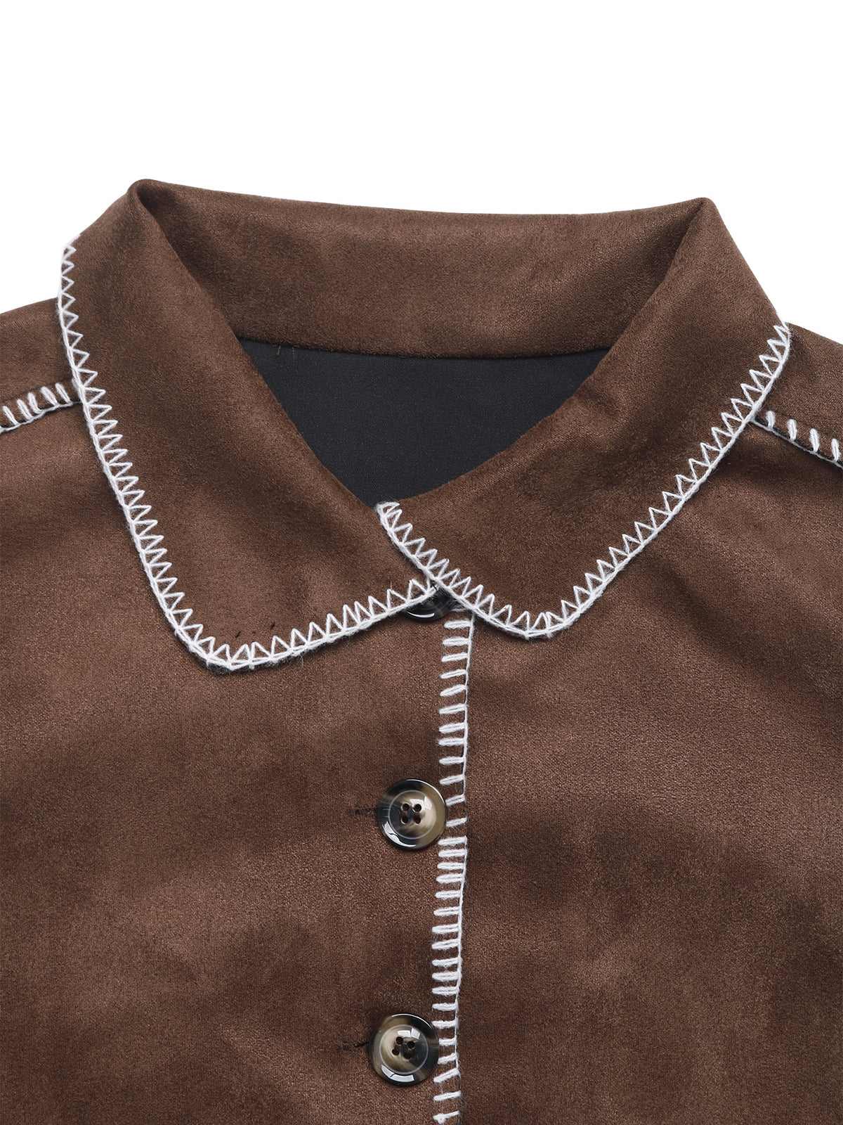 Close-up of a brown suede-like collared top with white zigzag contrast stitching along the collar and front placket, plus dark buttons, on a white background.