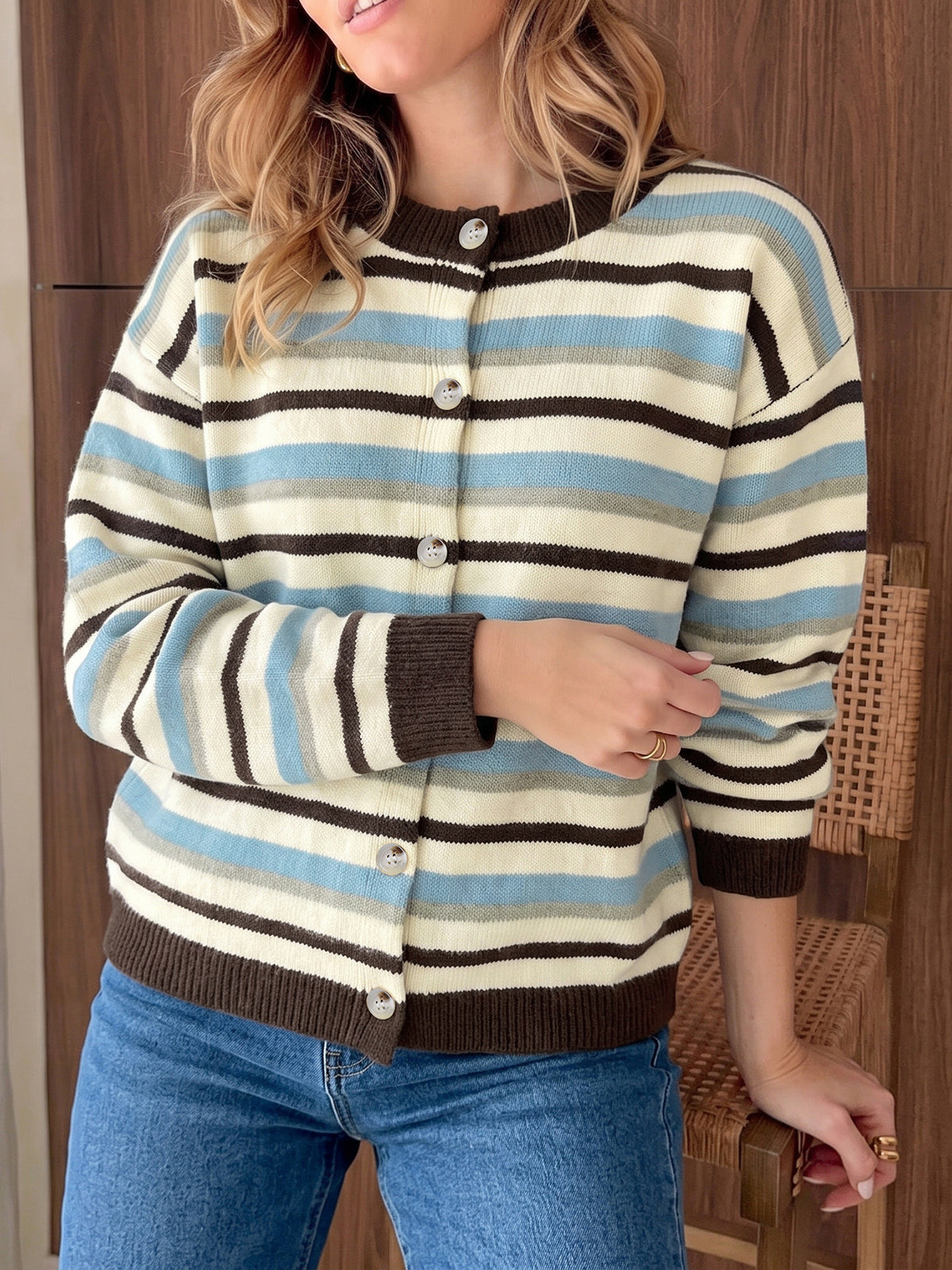 Striped Cardigan with Crew Neck, Button Front and Contrast Ribbed Trim