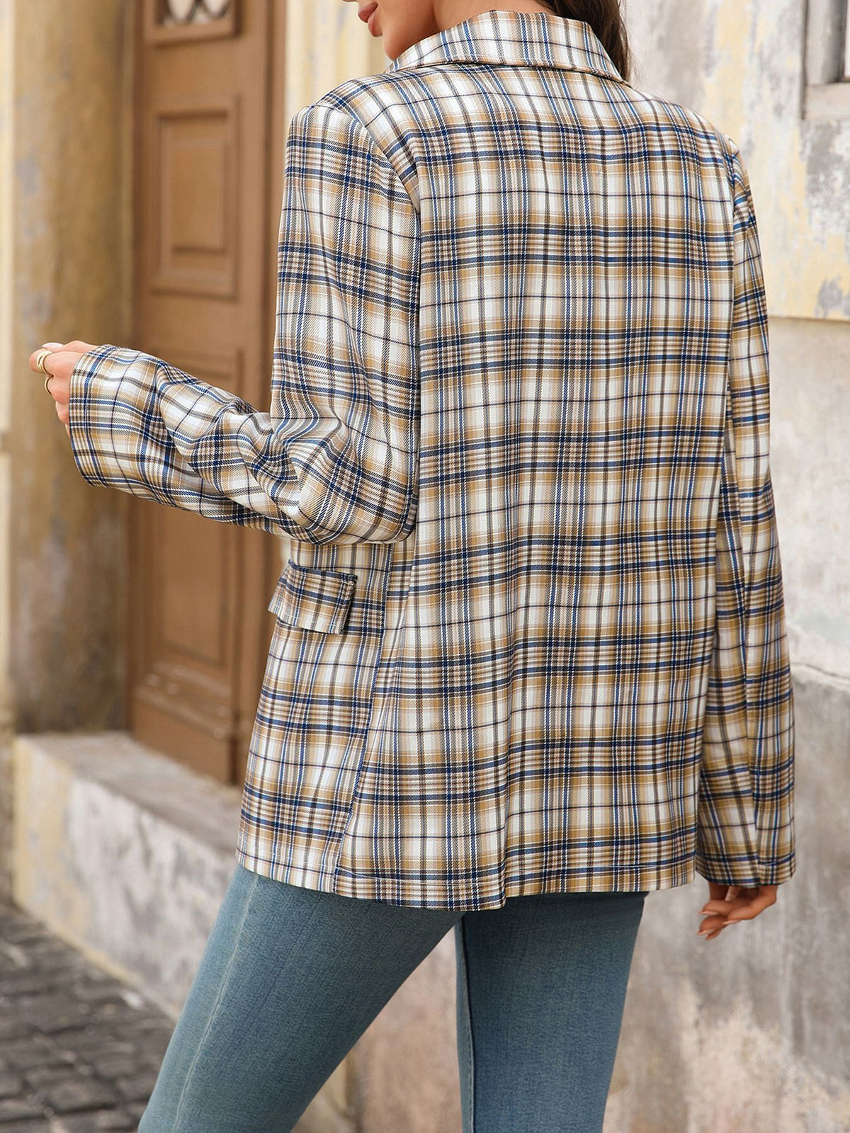 Plaid Blazer with Chenille Letter Patches and Flap Pockets