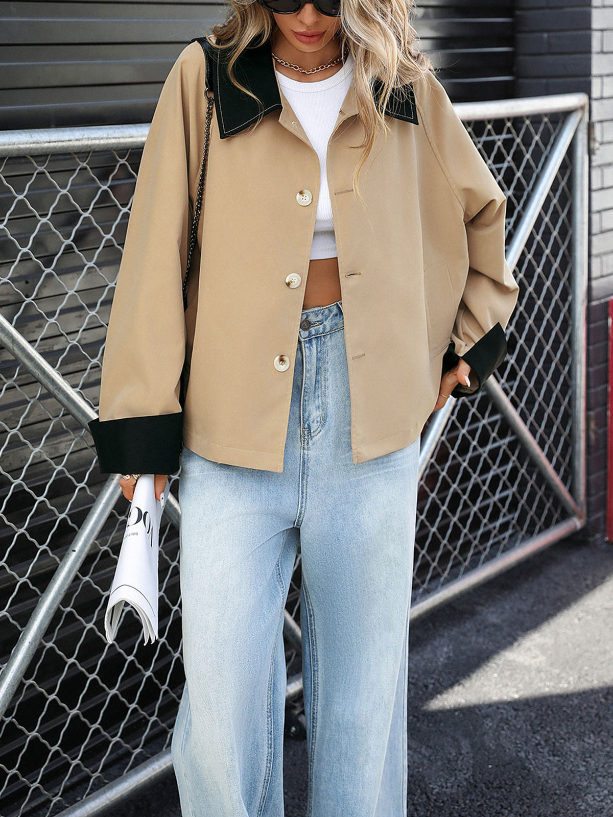 Short Trench Coat with Contrast Collar