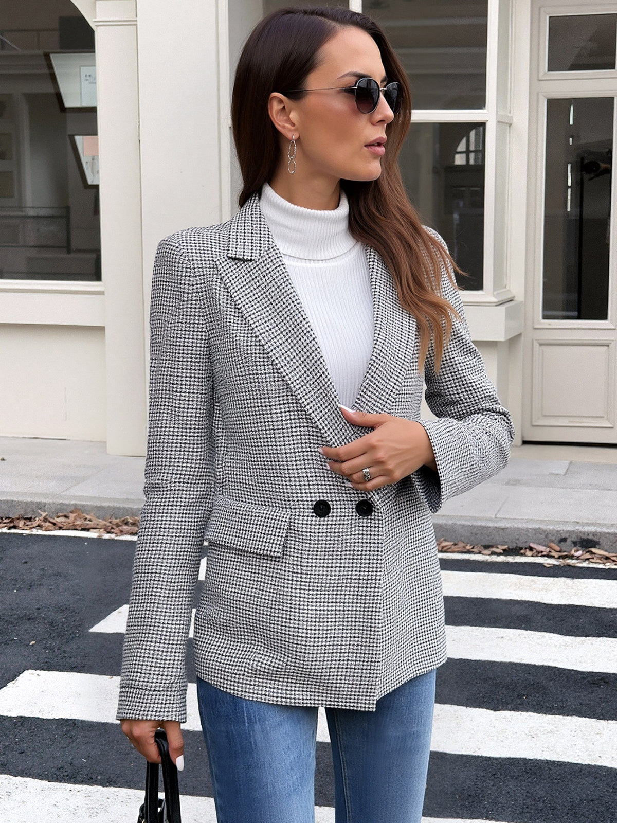 Houndstooth Blazer with Notch Lapel, Double Breasted Buttons and Flap Pockets