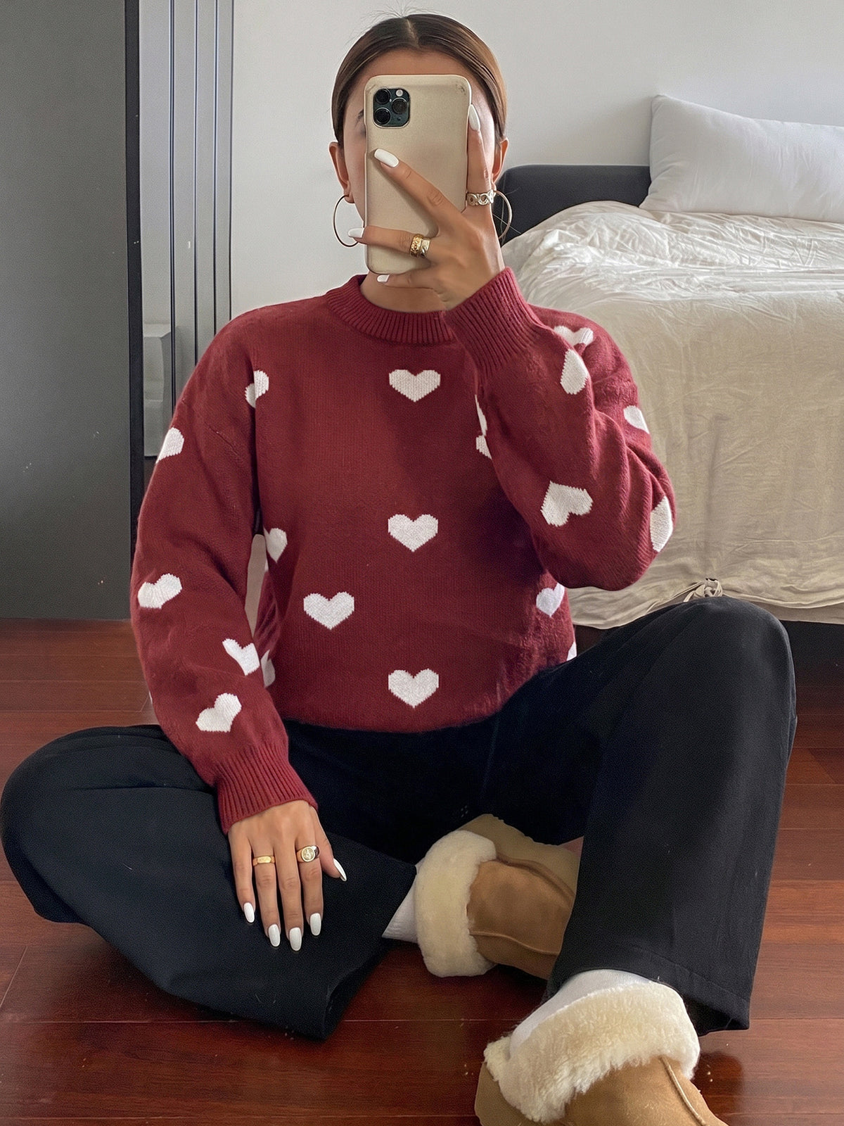 Heart Print Crew Neck Sweater