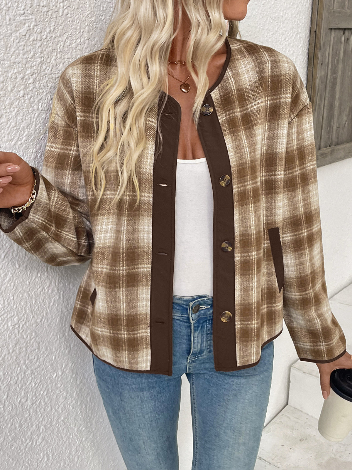 Collarless Plaid Jacket with Contrast Trim and Button Front