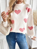 Mock Neck Heart Sweater with Lantern Sleeves