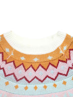 Close-up of a knitted sweater neckline with a multicolor Fair Isle pattern in orange, pink, red, and light blue on a white ribbed collar.
